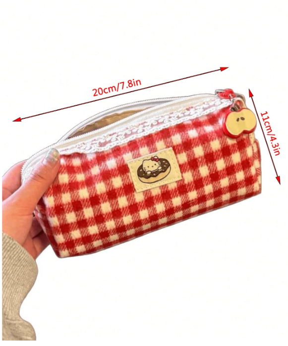 Estuche para Lápices – Diseño de Gatito Kitty a Cuadros Rojos